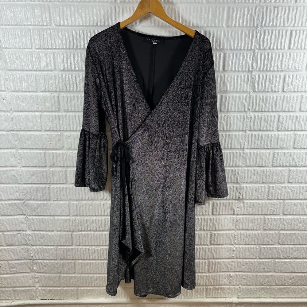 Bryn Walker Sybilla Wrap Dress Small Silver Black Metallic Bell Sleeve Midi - Picture 1 of 5